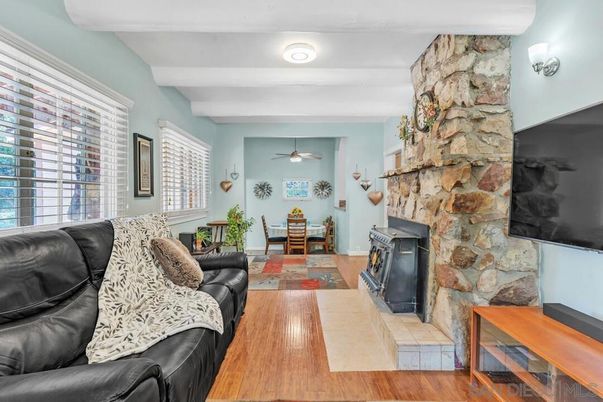 Dining room, Fireplace, Interior, Living room, Stone Walls, Wood Texture Flooring