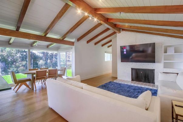 Dining room, Fireplace, Interior, Living room, Wooden Beams, Wood Texture Flooring
