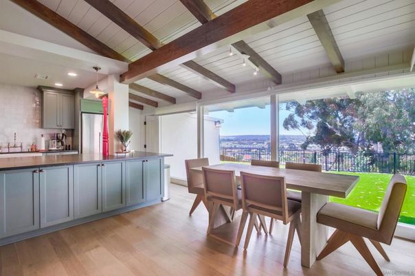 Dining room, Interior, Kitchen, Pendant Lights, Recessed Lighting, Wooden Beams, Wood Texture Flooring
