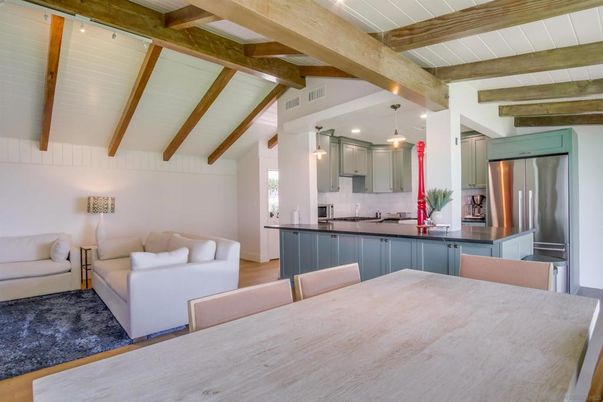 Interior, Kitchen, Living room, Pendant Lights, Recessed Lighting, Stainless Steel Appliances, Wooden Beams