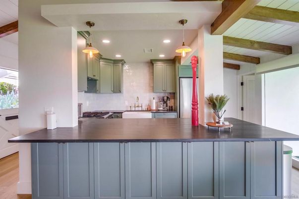 Interior, Kitchen, Pendant Lights, Recessed Lighting, Wooden Beams, Wood Texture Flooring