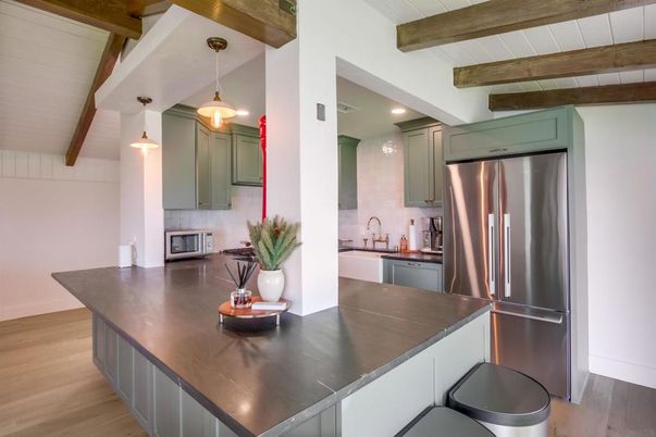 Interior, Kitchen, Pendant Lights, Recessed Lighting, Stainless Steel Appliances, Wooden Beams, Wood Texture Flooring