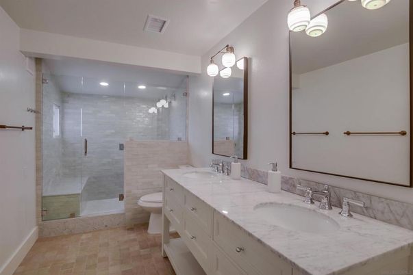 Bathroom, Dual Sink Vanities, Glass Shower, Interior, Recessed Lighting