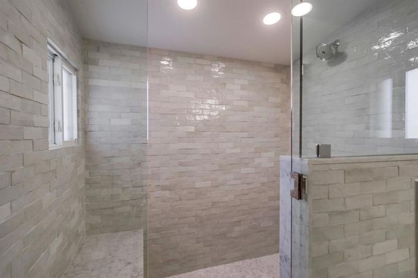 Bathroom, Glass Shower, Interior, Recessed Lighting, Stone Walls
