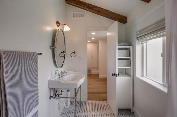 Bathroom, Interior, Recessed Lighting, Wooden Beams, Wood Texture Flooring