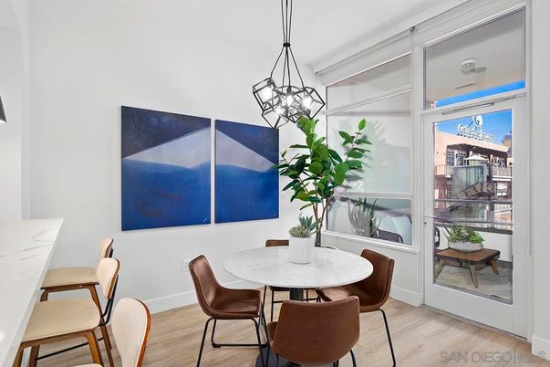 Dining room, Interior, Pendant Lights, Wood Texture Flooring