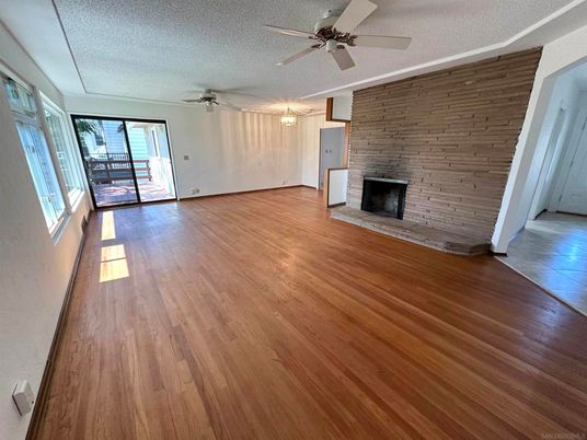 Empty room, Fireplace, Interior, Stone Walls, Wood Texture Flooring, Wooden Walls