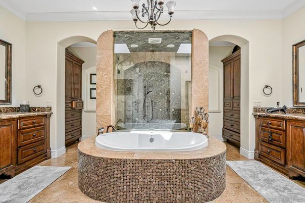Bathroom, Chandelier, Glass Shower, Interior, Recessed Lighting