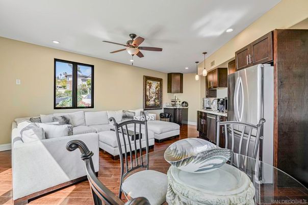 Dining room, Interior, Kitchen, Living room, Pendant Lights, Recessed Lighting, Stainless Steel Appliances, Wood Texture Flooring