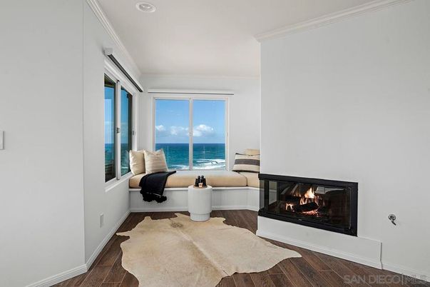 Fireplace, Interior, Recessed Lighting, Water, Wood Texture Flooring