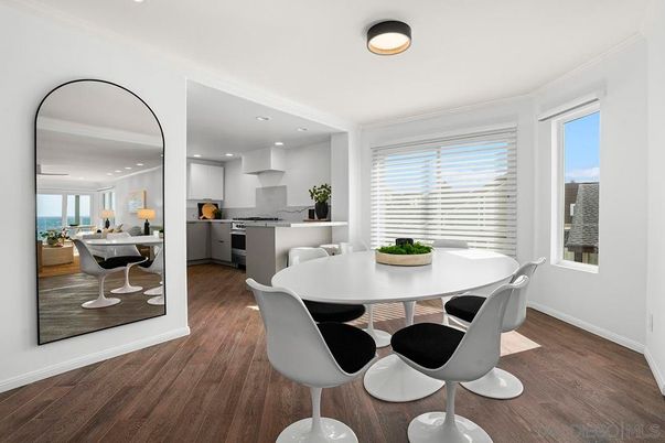 Dining room, Interior, Kitchen, Recessed Lighting, Water, Wood Texture Flooring