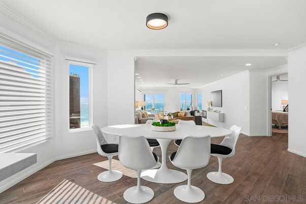 Bedroom, Dining room, Interior, Recessed Lighting, Water, Wood Texture Flooring