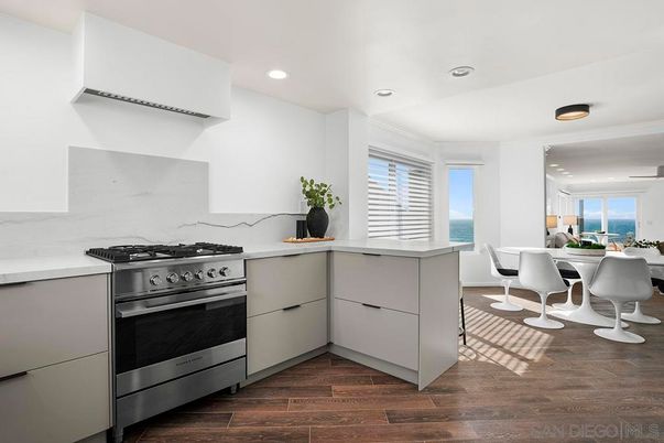 Dining room, Interior, Kitchen, Recessed Lighting, Stainless Steel Appliances, Water, Wood Texture Flooring