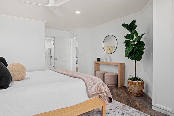 Bedroom, Interior, Recessed Lighting, Wood Texture Flooring