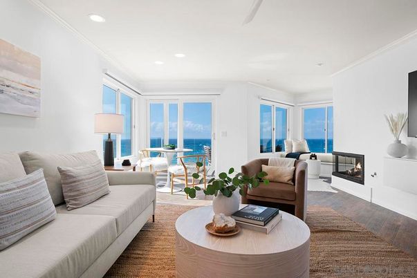 Fireplace, Interior, Living room, Recessed Lighting, Water, Wood Texture Flooring