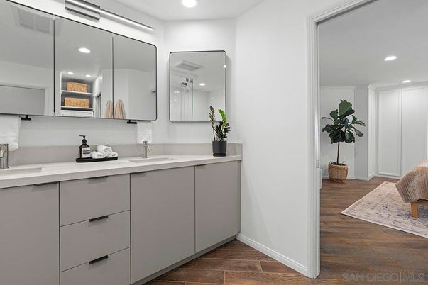 Bathroom, Dual Sink Vanities, Interior, Recessed Lighting, Wood Texture Flooring