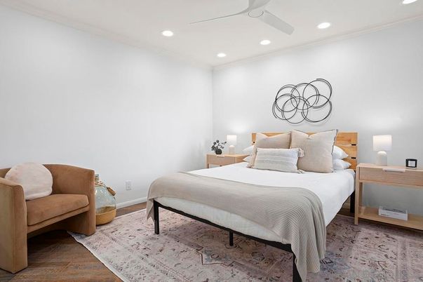 Bedroom, Interior, Recessed Lighting, Wood Texture Flooring