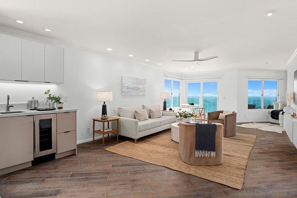 Interior, Kitchen, Living room, Recessed Lighting, Water, Wood Texture Flooring
