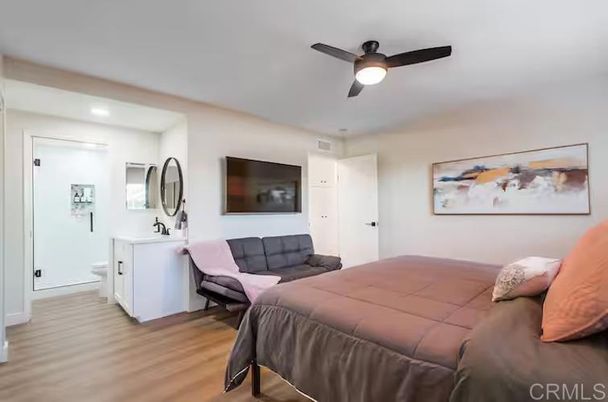 Bedroom, Interior, Recessed Lighting, Wood Texture Flooring