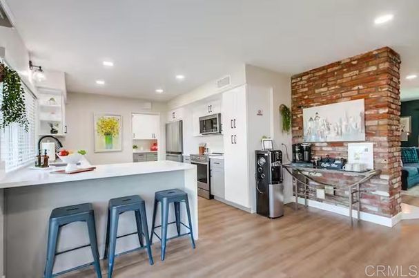 Interior, Kitchen, Recessed Lighting, Stainless Steel Appliances, Stone Walls, Wood Texture Flooring