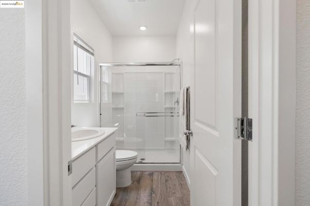 Bathroom, Glass Shower, Interior, Recessed Lighting, Wood Texture Flooring