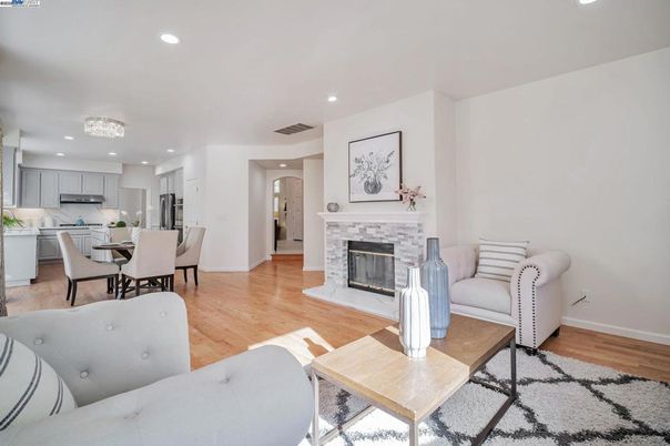 Dining room, Fireplace, Interior, Kitchen, Living room, Recessed Lighting, Wood Texture Flooring