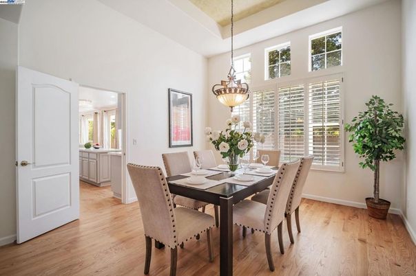 Dining room, Interior, Pendant Lights, Wood Texture Flooring