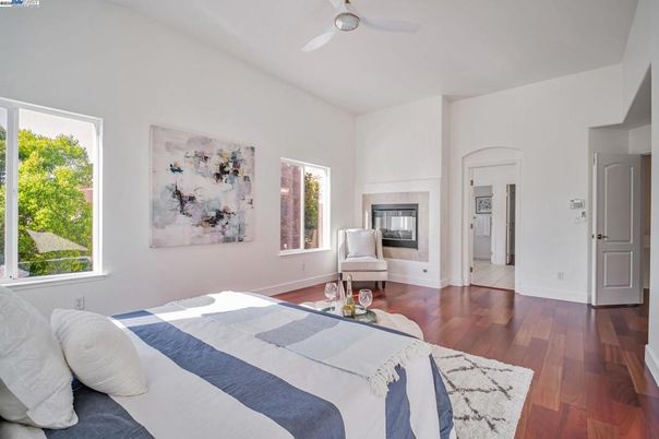 Bedroom, Fireplace, Interior, Wood Texture Flooring