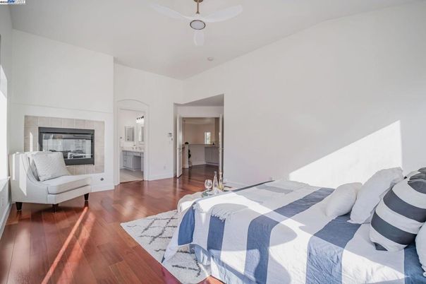 Bedroom, Fireplace, Interior, Wood Texture Flooring