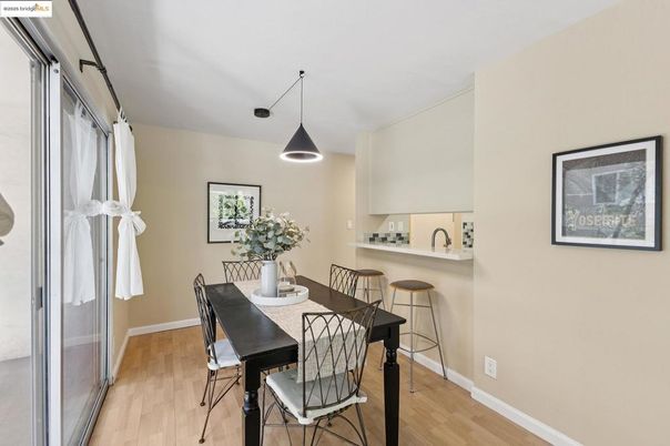 Dining room, Interior, Pendant Lights, Wood Texture Flooring
