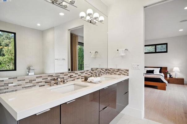 Bathroom, Bedroom, Dual Sink Vanities, Interior, Recessed Lighting, Wood Texture Flooring