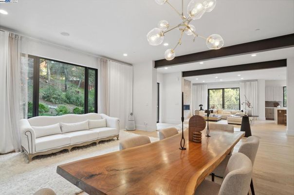 Dining room, Interior, Living room, Pendant Lights, Recessed Lighting, Wood Texture Flooring