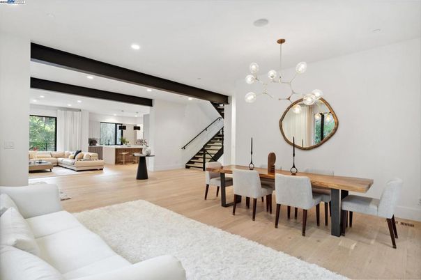 Dining room, Interior, Living room, Pendant Lights, Recessed Lighting, Wood Texture Flooring