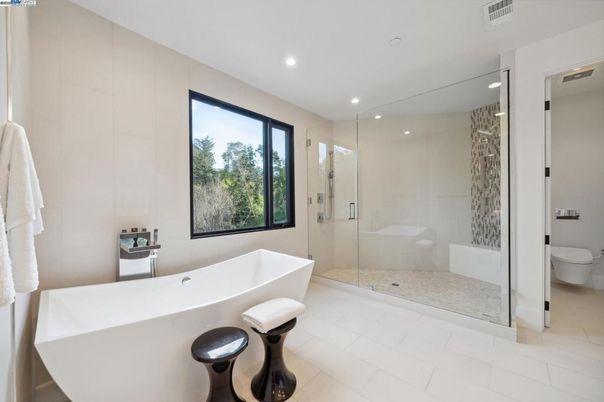 Bathroom, Free Standing Baths, Glass Shower, Interior, Recessed Lighting