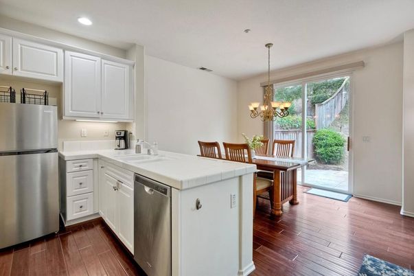 Chandelier, Dining room, Interior, Kitchen, Recessed Lighting, Wood Texture Flooring