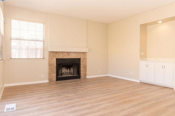 Empty room, Fireplace, Interior, Recessed Lighting, Wood Texture Flooring