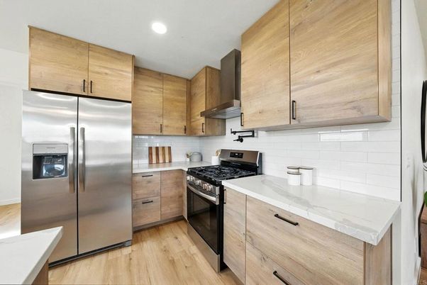 Interior, Kitchen, Recessed Lighting, Stainless Steel Appliances, Wood Texture Flooring