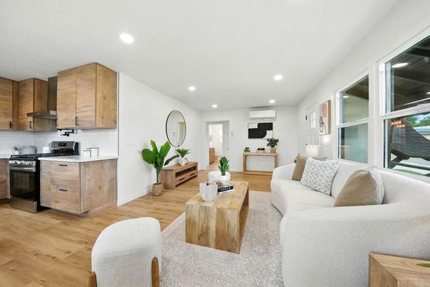 Interior, Kitchen, Living room, Recessed Lighting, Stainless Steel Appliances, Wood Texture Flooring