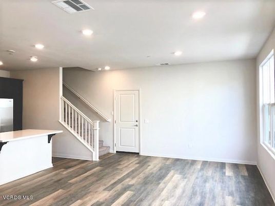 Empty room, Interior, Kitchen, Recessed Lighting, Wood Texture Flooring