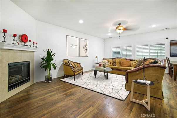 Fireplace, Interior, Living room, Recessed Lighting, Wood Texture Flooring