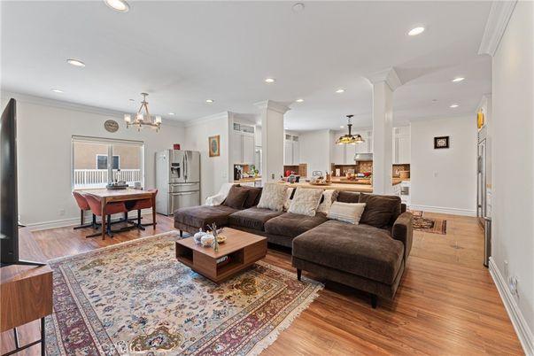 Chandelier, Dining room, Interior, Kitchen, Living room, Pendant Lights, Recessed Lighting, Wood Texture Flooring
