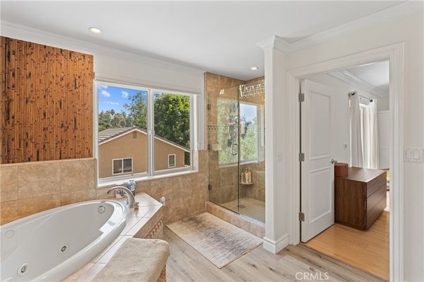 Bathroom, Glass Shower, Interior, Recessed Lighting, Wood Texture Flooring