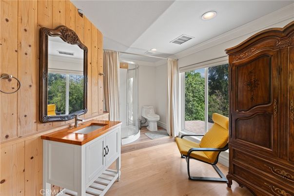 Bathroom, Interior, Recessed Lighting, Wood Texture Flooring, Wooden Walls