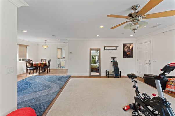 Dining room, Fitness Equipment, Interior, Pendant Lights, Recessed Lighting, Wood Texture Flooring