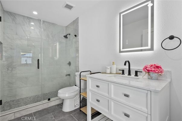 Bathroom, Glass Shower, Interior, Marble Walls, Recessed Lighting