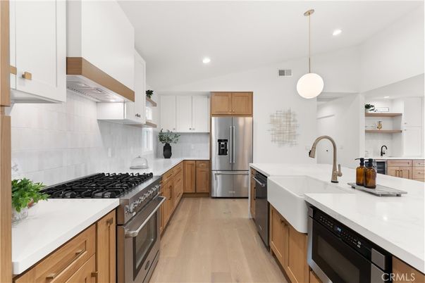 Interior, Kitchen, Pendant Lights, Recessed Lighting, Stainless Steel Appliances, Wood Texture Flooring
