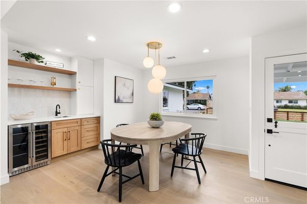 Dining room, Interior, Pendant Lights, Recessed Lighting, Wood Texture Flooring