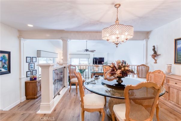 Chandelier, Dining room, Interior, Recessed Lighting, Wood Texture Flooring
