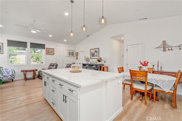 Dining room, Interior, Kitchen, Pendant Lights, Recessed Lighting, Wood Texture Flooring