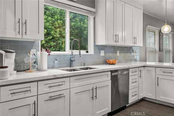 Interior, Kitchen, Pendant Lights, Stainless Steel Appliances, Wood Texture Flooring